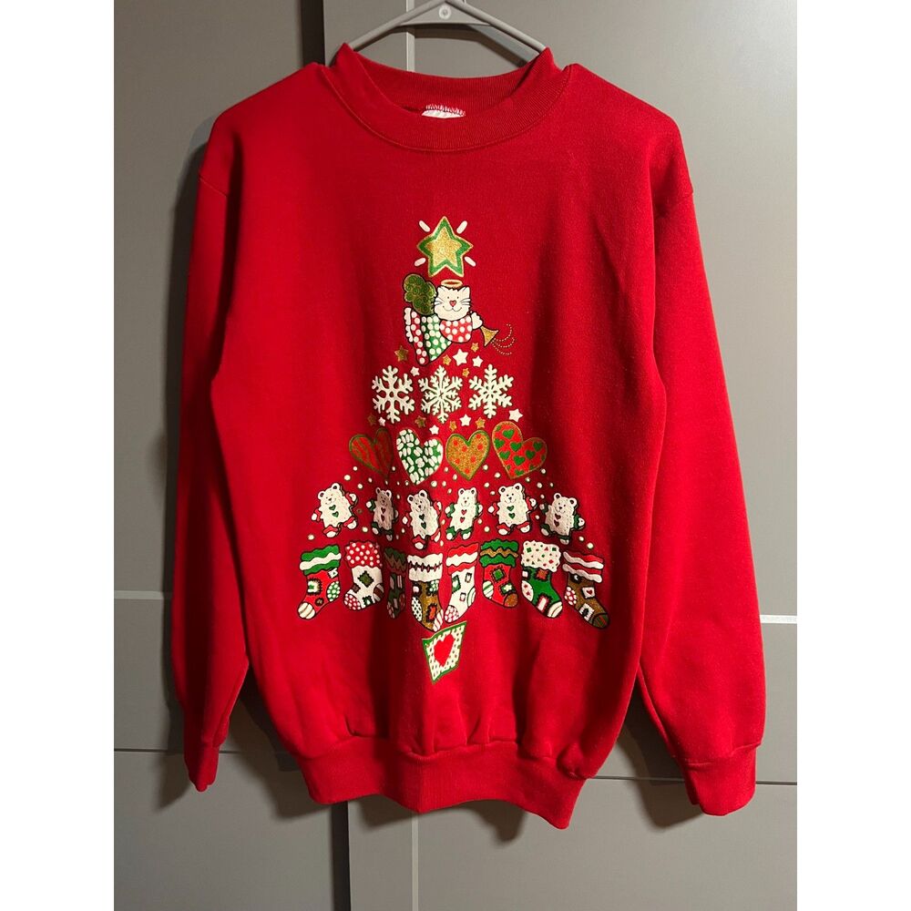 Tultex Christmas Sweater Cat Angel W/ Bears Stockings Star Crewneck Red Medium